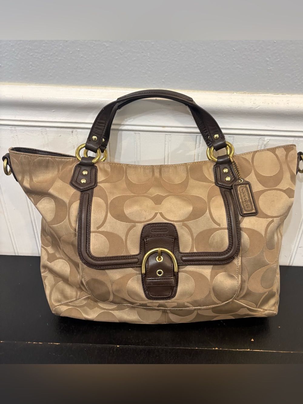 Coach Beige/Brown Signature Satchel Zip Top Double Handles 25290